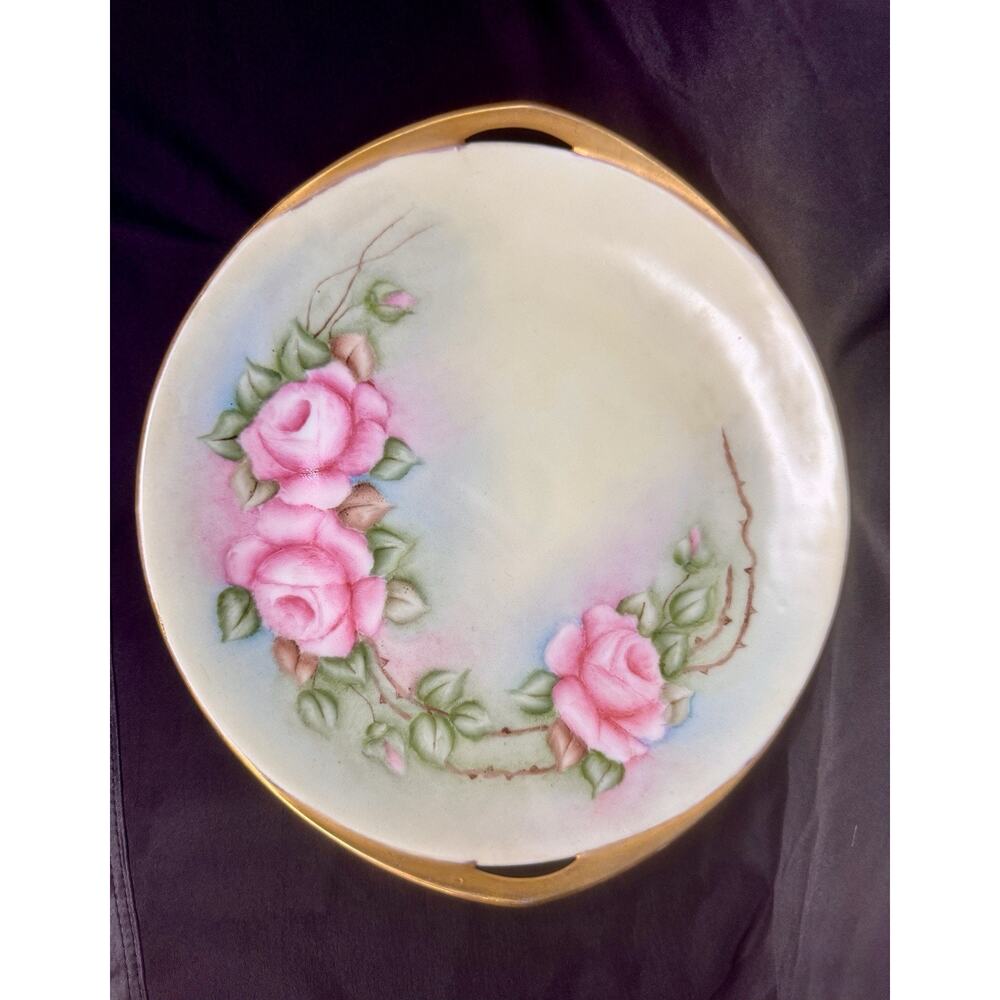 Antique Pirkenhammer Czech Porcelain Double Handle Bowl Pink Roses Gold Gilt 10”